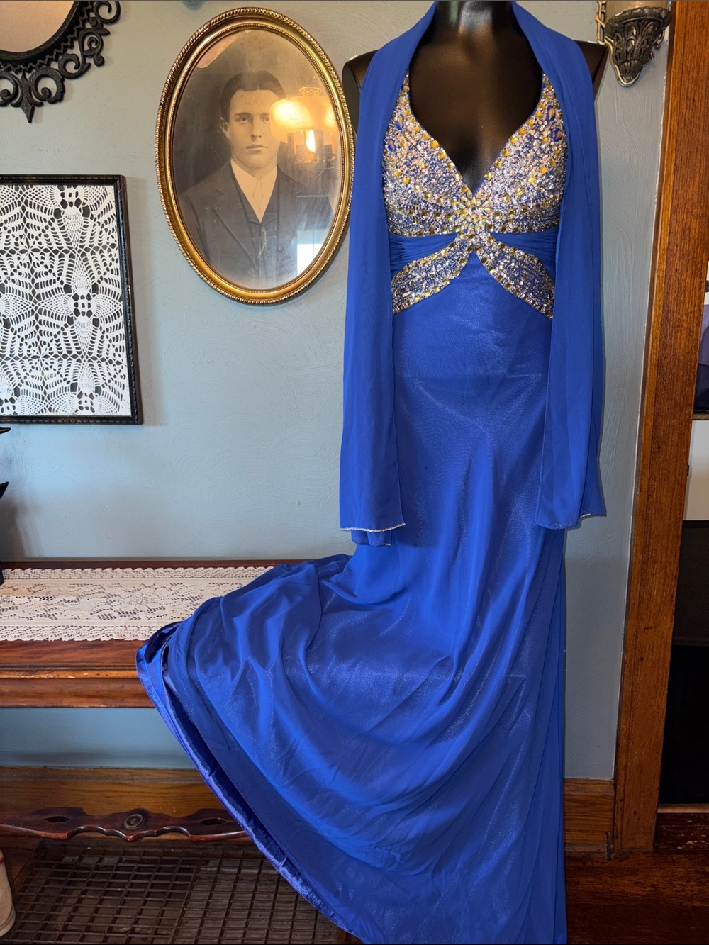 Embellished Royal Blue Evening Gown with Sheer Shawl